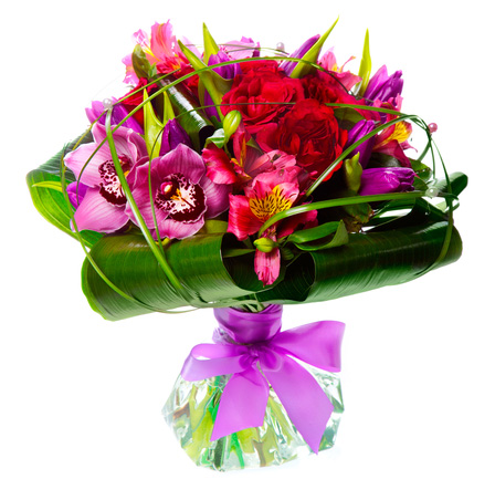 bouquet di orchidee,rose e alstromeria rosa